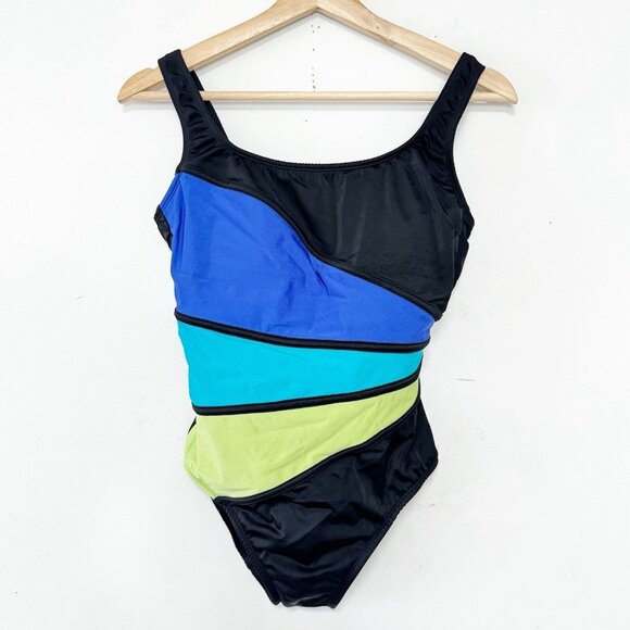 Longitude One Piece Swimsuit Black Retro Neon Stripe Slimming‎ Bathing Suit 10 - Picture 1 of 16